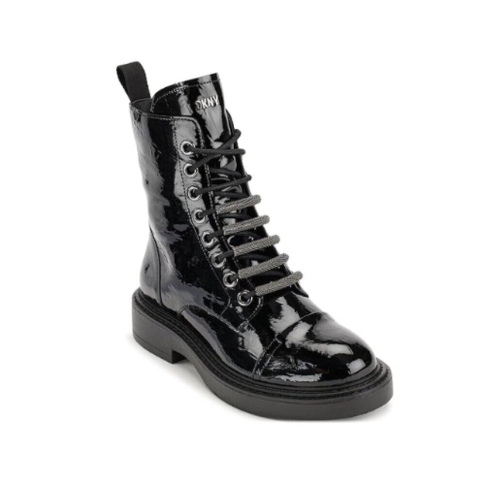 DKNY Malaya Lace Up Combat Boots Black Patent Leather - Size 6.5